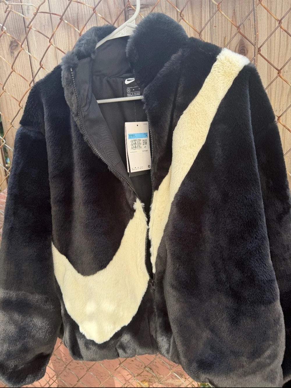 Nike Woman Black Faux Fur Jacket with White Swoosh